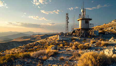 Perched atop a rugged mountain peak, a vital communication tower stands as a silent sentinel against the warm glow of the setting sun.の素材