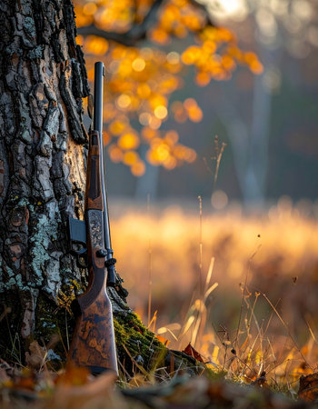 A hunter's shotgun rests against the sturdy trunk of an old tree, bathed in the warm, golden light of an autumn morning.の素材