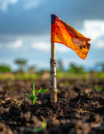 A small orange flag, weathered by the elements, stands guard in a freshly tilled field.の素材