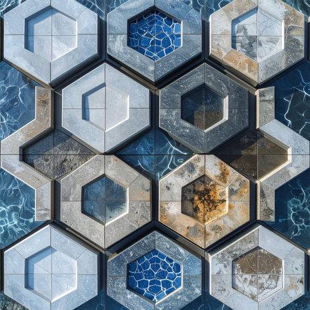 A close-up view of a complex hexagonal tile pattern. The design combines cool blue tones reminiscent of water with warm, rusty textures, creating a dynamic and modern industrial aesthetic.の素材