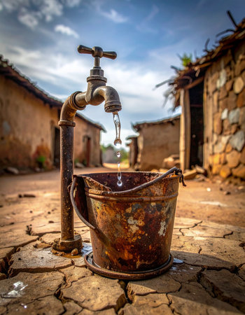 In a sun-baked village with cracked earth, a single, precious drop of water falls from a rustic tap into a weathered bucket.の素材