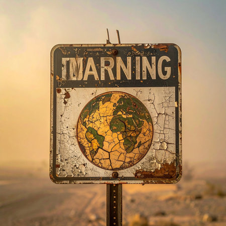 In a desolate, hazy landscape, a rusty and weathered sign stands as a final, stark warning.の素材