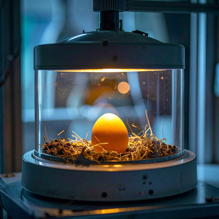 In a sterile, high-tech laboratory, a single golden egg glows with warmth and promise.の素材