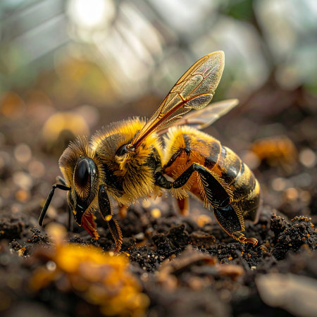 A detailed macro photograph captures a single honeybee taking a momentary rest on the dark, rich earth.の素材