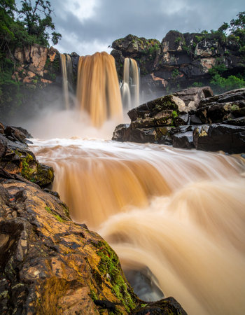 Captured with a long exposure, the immense power of a jungle river is on full display as it thunders over a rocky precipice.の素材