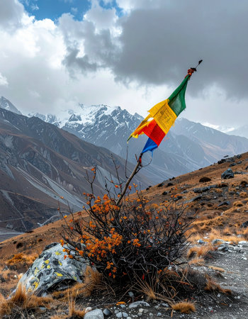 A colorful Buddhist prayer flag flutters in the wind, a vibrant symbol of hope and faith set against the rugged, snow-capped peaks of the Himalayas.の素材