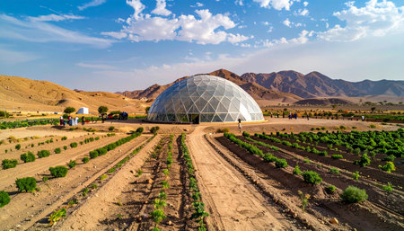 In a vast, sun-drenched desert, a futuristic geodesic dome stands as a beacon of innovation.の素材