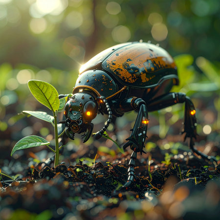 In a sun-dappled forest, a futuristic robotic beetle with glowing orange eyes gently tends to a fragile new sprout.の素材