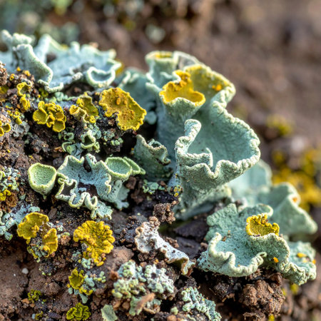 A miniature world unfolds in this macro photograph, where vibrant yellow and pale green lichens form a symbiotic colony.の素材