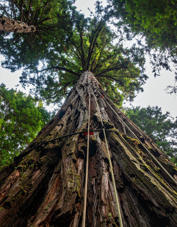 Standing at the base of a colossal redwood, the perspective shifts, drawing the eye upward along its massive, textured trunk.の素材