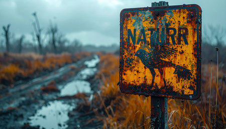 A rusted and decaying 'Natura' sign stands as a grim monument in a desolate, muddy wasteland.の素材