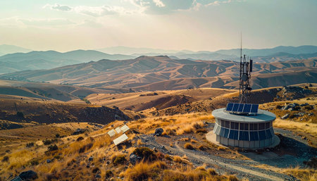 An aerial view captures a modern telecommunications tower, powered by solar panels, standing as a beacon of connectivity amidst a vast and rugged mountain landscape.の素材