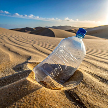 A single-use plastic water bottle, discarded and left behind, sits half-buried in the golden sand of a vast desert.の素材