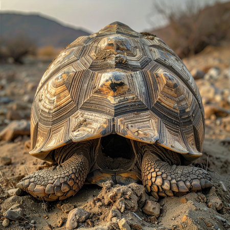 A solitary tortoise, viewed from behind, stands firm in its arid, rocky home.の素材
