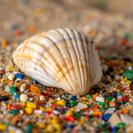 A poignant close-up captures the stark reality of ocean pollution. A delicate seashell, a symbol of natural beauty, lies on a beach not of sand, but of countless colorful microplastic fragments.の素材