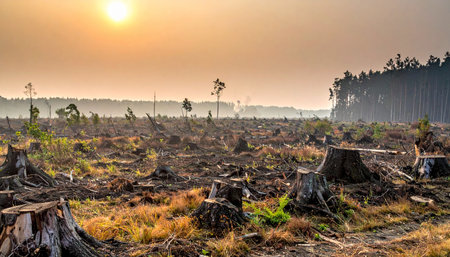 The warm glow of a setting sun illuminates a scene of environmental devastation.の素材