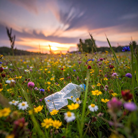 A single-use plastic bottle lies discarded in a vibrant meadow of wildflowers, a stark symbol of human pollution marring a beautiful natural landscape at sunset.の素材
