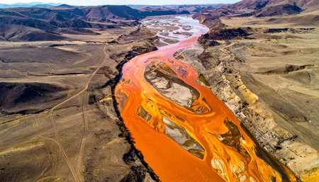 From high above, a surreal ribbon of vibrant orange water carves its path through a desolate, rocky canyon.の素材