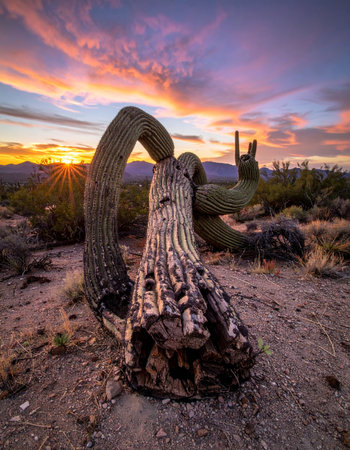 As the sun dips below the horizon, its last rays paint the Arizona sky in fiery hues of orange and purple.の素材