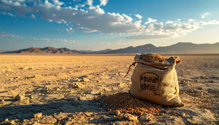 In the vast, sun-scorched expanse of a dry desert, a single burlap sack rests on the cracked earth.の素材