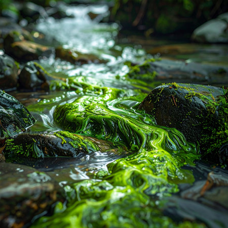 In a quiet corner of the forest, a clear stream trickles over smooth stones.の素材
