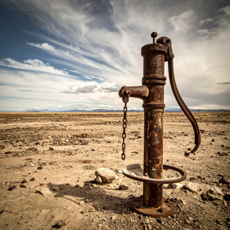 An old, rusted water pump stands as a silent monument in a vast, sun-scorched desert.の素材
