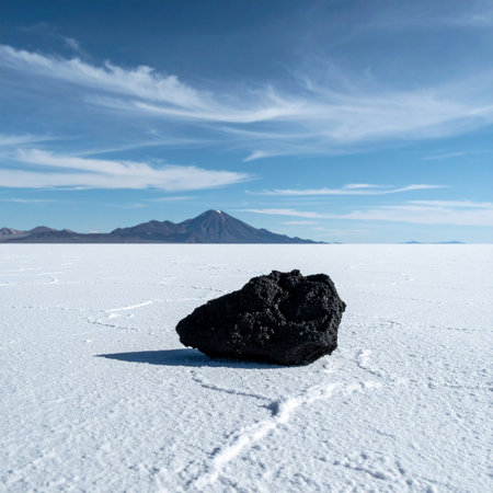 A single dark, volcanic rock rests in stark contrast against the immense, cracked white expanse of a salt flat.の素材