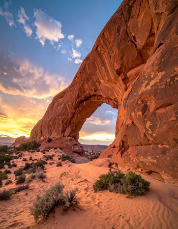 The last rays of the setting sun cast a warm, golden glow across the desert landscape, illuminating the magnificent sandstone structure of Wilson Arch.の素材