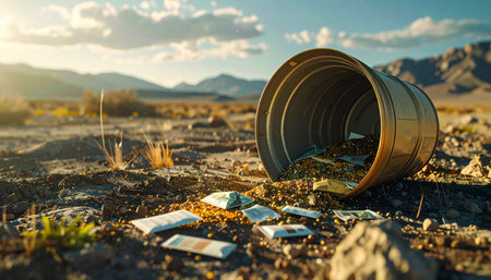 In a desolate desert landscape, a rusty barrel spills its toxic contents of discarded electronics onto the parched earth.の素材