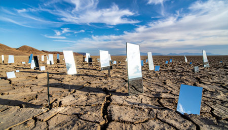 An array of mirrors stands in a vast, sun-scorched desert, reflecting the brilliant blue sky.の素材