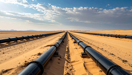 Two parallel oil pipelines cut a stark, industrial line across the immense, sun-baked desert.の素材