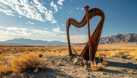 In the vast, silent expanse of the desert, a giant rusty harp stands as a surreal monument.の素材