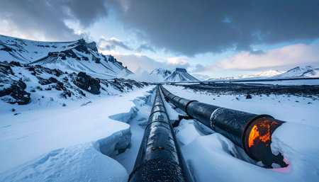 A vital energy pipeline snakes across a desolate, frozen tundra, its internal heat a stark contrast to the icy wilderness.の素材