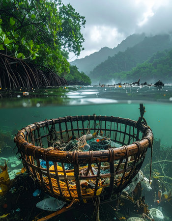 A split-level view captures a stark reality where a beautiful tropical river meets a devastating tide of human waste.の素材