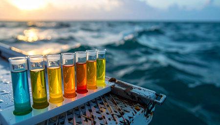 A tray of vibrant test tube shots sits on the netting of a catamaran, ready for a sunset toast.の素材