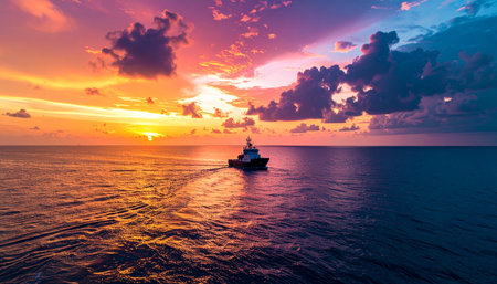 An aerial view captures a solitary boat navigating the calm ocean, its wake trailing behind as it heads towards a breathtakingly colorful sunset on the horizon.の素材