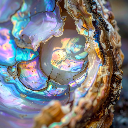A mesmerizing macro view captures the intricate, cracked surface of a seashell's interior.の素材