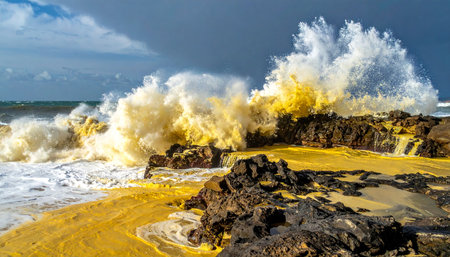 Under a dramatic, stormy sky, a colossal ocean wave explodes against a rugged volcanic shoreline.の素材