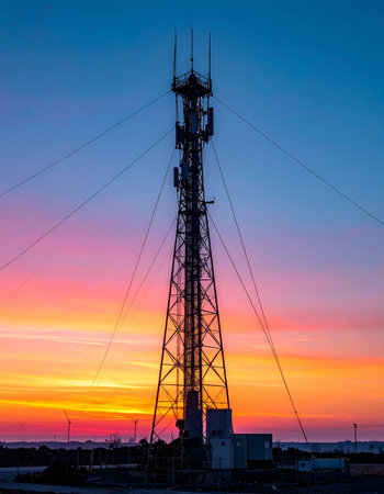 A telecommunication tower stands as a stark silhouette against a breathtakingly colorful sunset.の素材