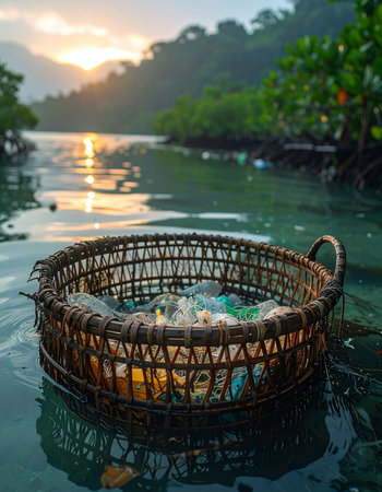 A traditional woven basket filled with collected plastic bottles and other trash floats in the calm waters of a mangrove forest during a beautiful sunset.の素材