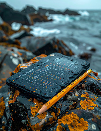 An artist's slate and pencil lie forgotten on wet, mossy rocks along a stormy coast.の素材