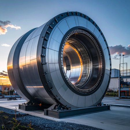 As the sun sets, its warm light reflects off the polished metal of a massive, futuristic turbine.の素材
