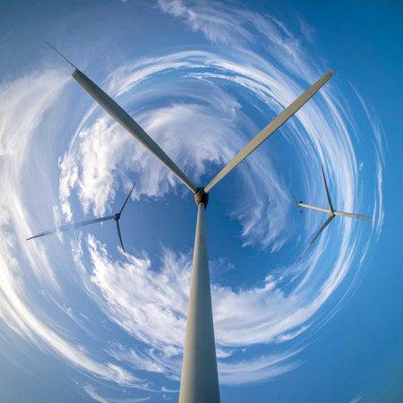 A powerful wind turbine stands as a beacon of progress, its blades slicing through a dramatically swirling sky.の素材