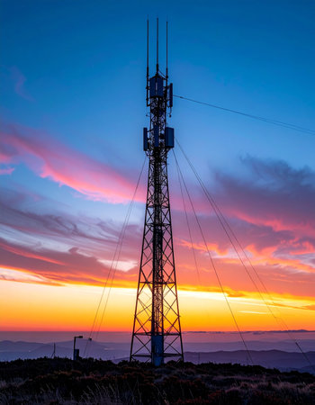 As the day ends in a blaze of orange and purple, a telecommunication tower stands as a silent sentinel.の素材