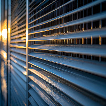 The last rays of the golden hour sun catch the edges of a modern industrial metal facade, creating a warm glow against the cool blue steel.の素材