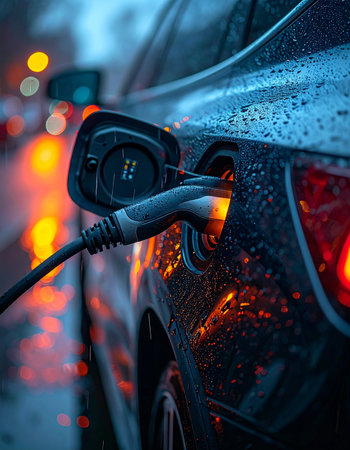 An electric car refuels under the glow of city lights on a rainy night.の素材