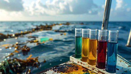 From the deck of a research vessel, colorful water samples are collected from the ocean's surface.の素材