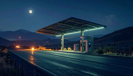A lone electric vehicle charging station provides a beacon of light on a deserted highway at night.の素材