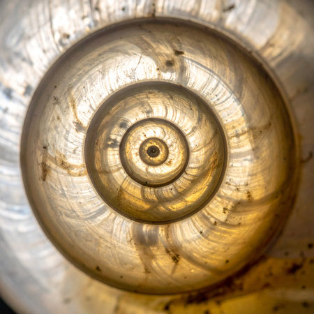 A mesmerizing macro view reveals the perfect spiral of a snail shell.の素材