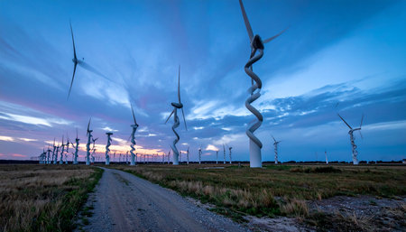 As twilight paints the sky in hues of blue and purple, a new generation of wind turbines stands tall.の素材
